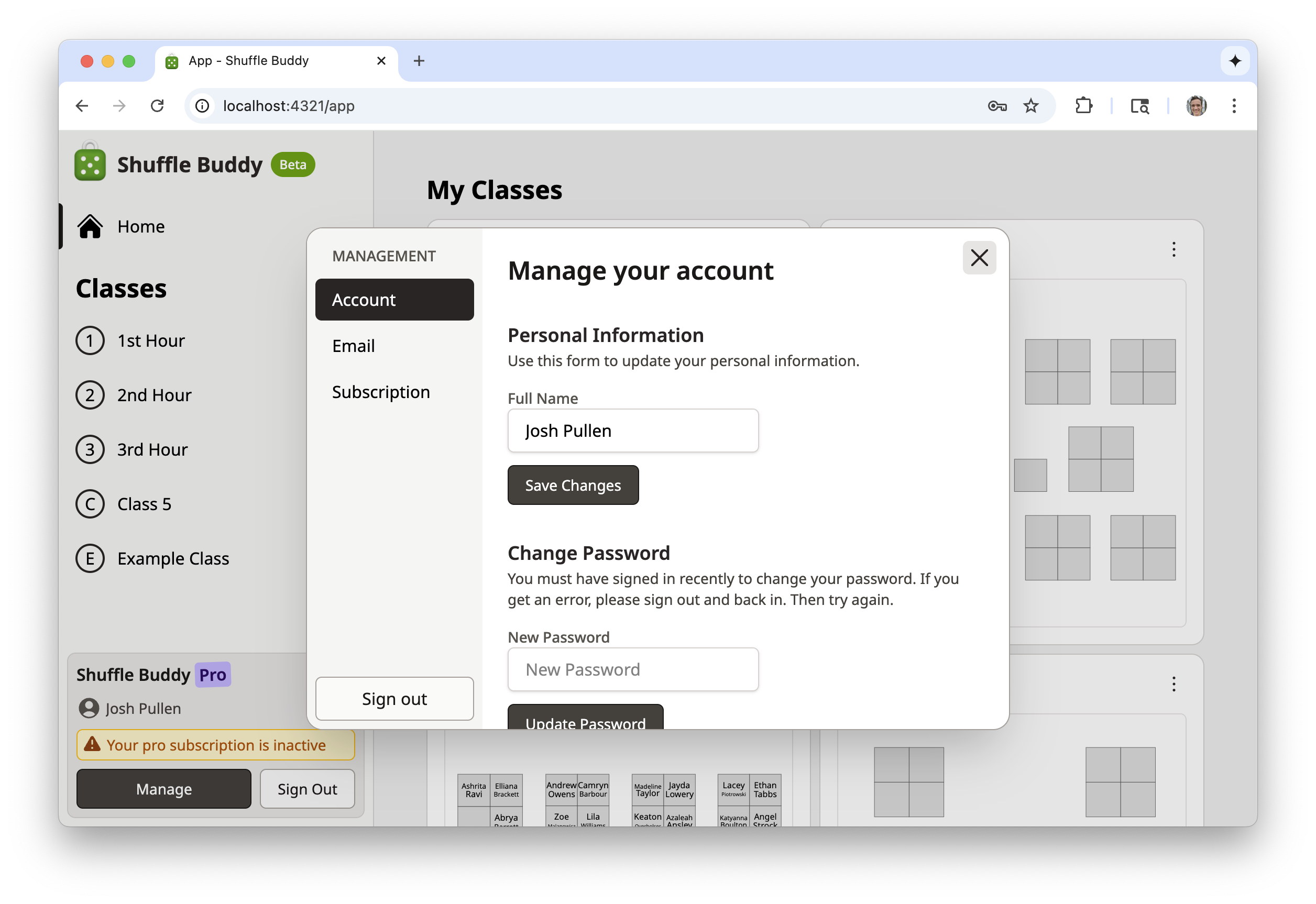 A screenshot of the new account management modal