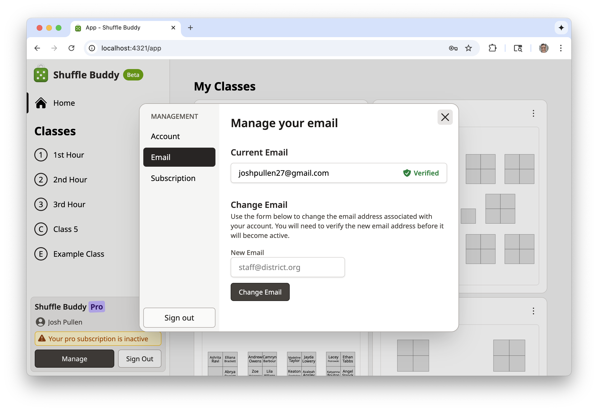 A screenshot of the new email management modal