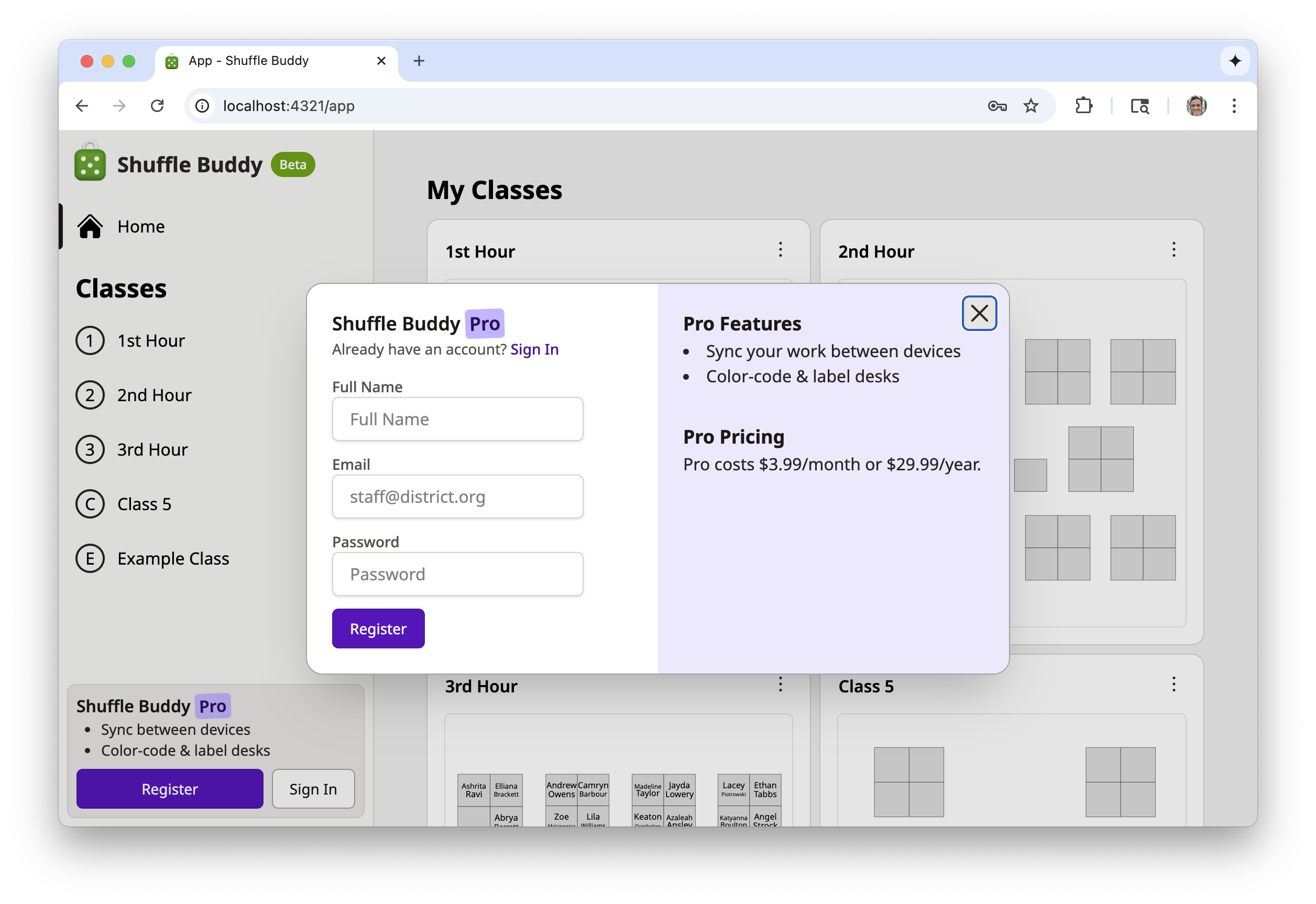 A screenshot of the new registration modal