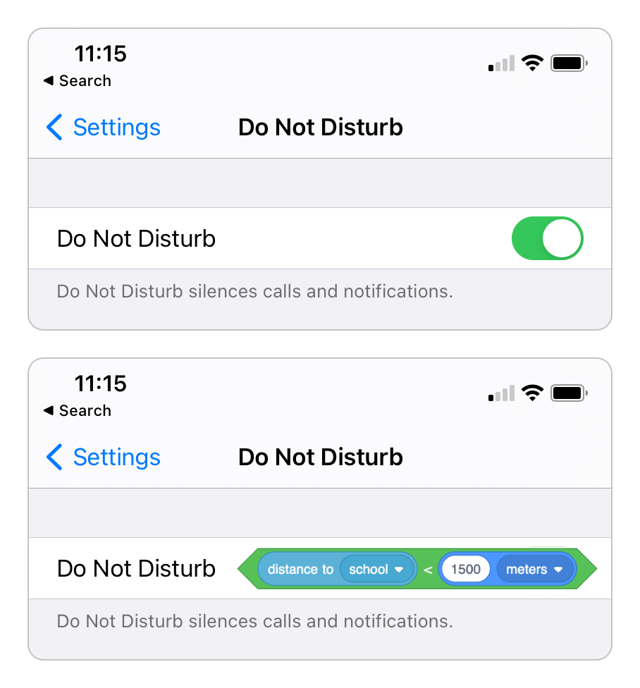 A "Do Not Disturb" toggle switch with Scratch blocks inside.