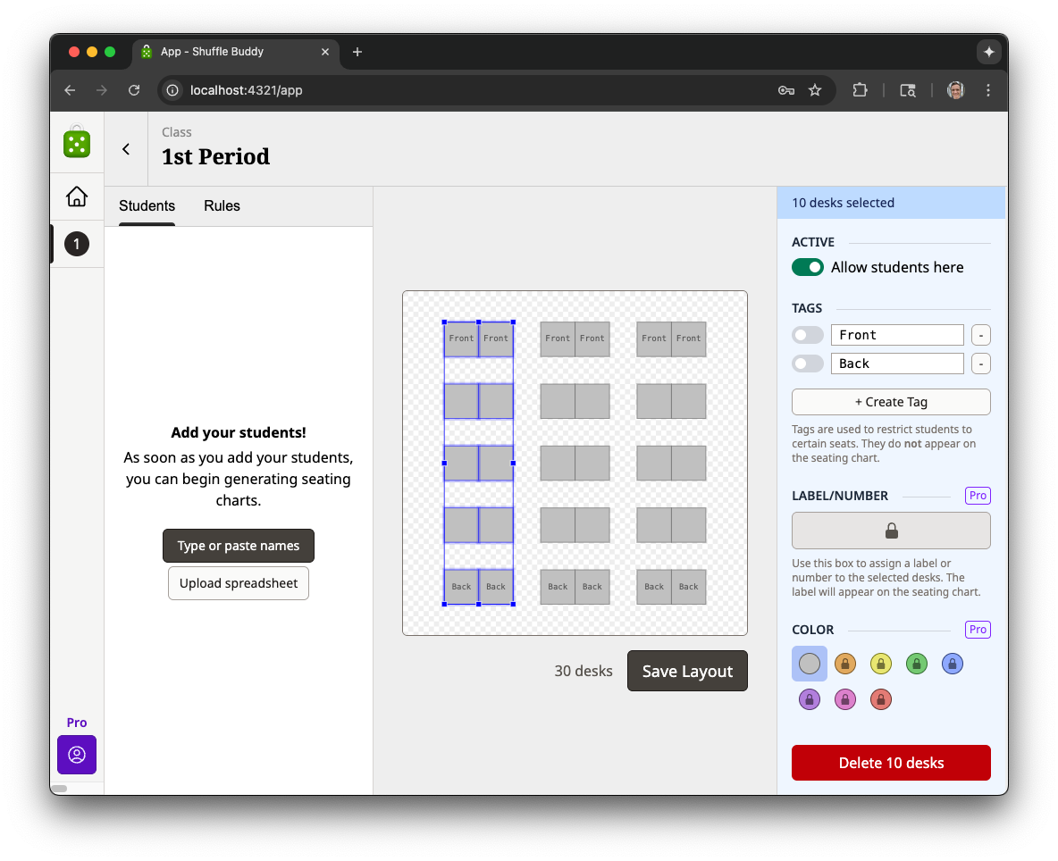 A screenshot of the Shuffle Buddy room layout editor with the desk labeling and coloring features locked