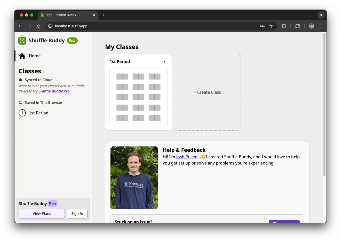 A screenshot of the Shuffle Buddy app home screen including text in the left sidebar that says "Want to sync your classes across multiple devices? Try Shuffle Buddy Pro"